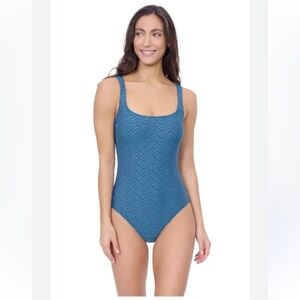 Gottex Teal ChevronTexture Square Neck Tummy Control Tank One Piece, Sz 10 - NWT
